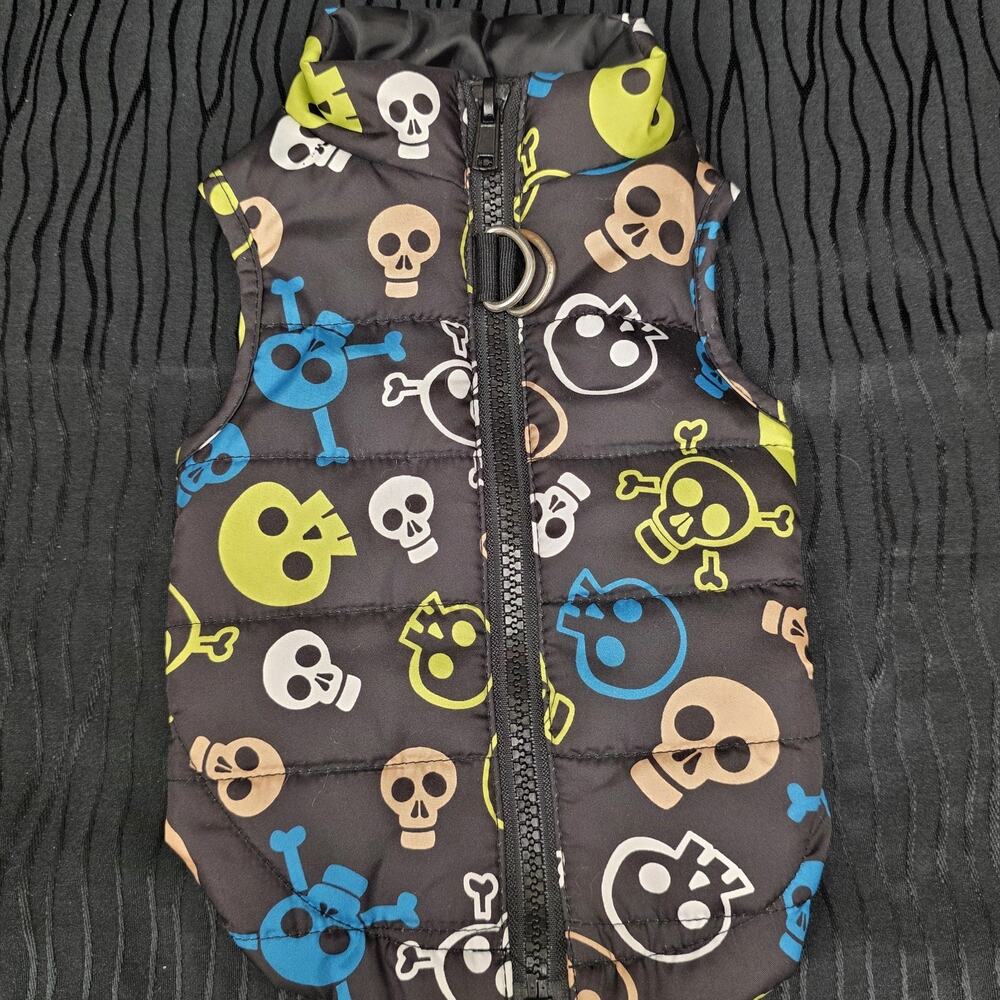 SimplyDog Skull Print Puffer Dog Vest XS Black Blue Green Zip Jacket